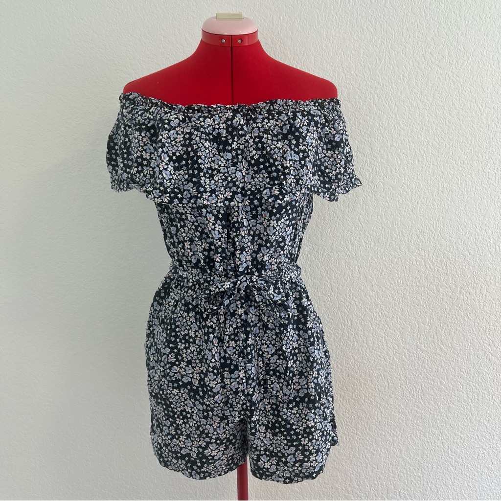 H&M Blue White Off Shoulder Ruffle Romper Size 8